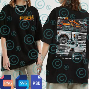 May include: Black t-shirt with the text "FSD" in orange and yellow, and a hand symbol. The back of the shirt features a graphic of a white truck with the text "FSD17" and "FSOSUPPLY.COM".