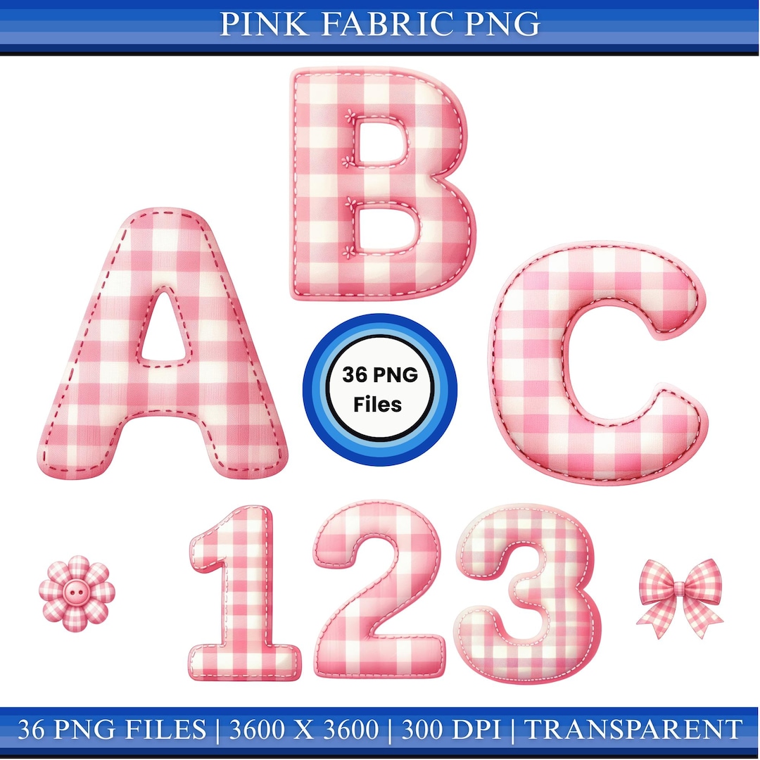 Pink Gingham Alphabet PNG A-Z 0-9, Stitched Letters Clipart, Nursery ...