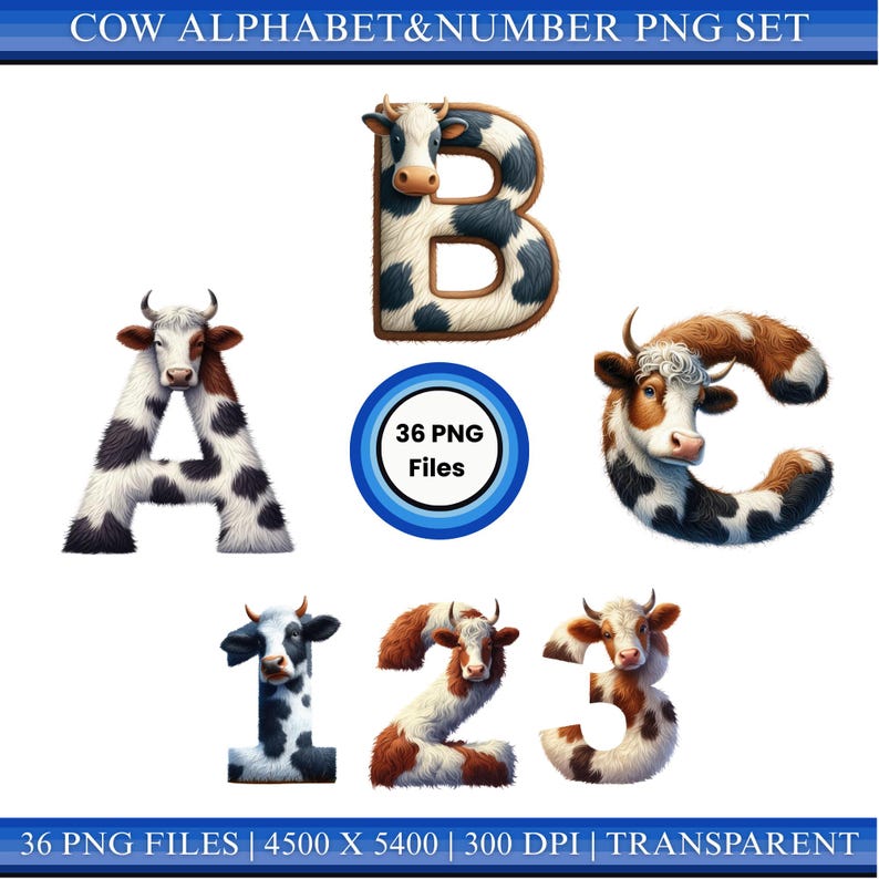 Cow Alphabet Letters & Numbers PNG Set | Farm Animal Craft Font ...