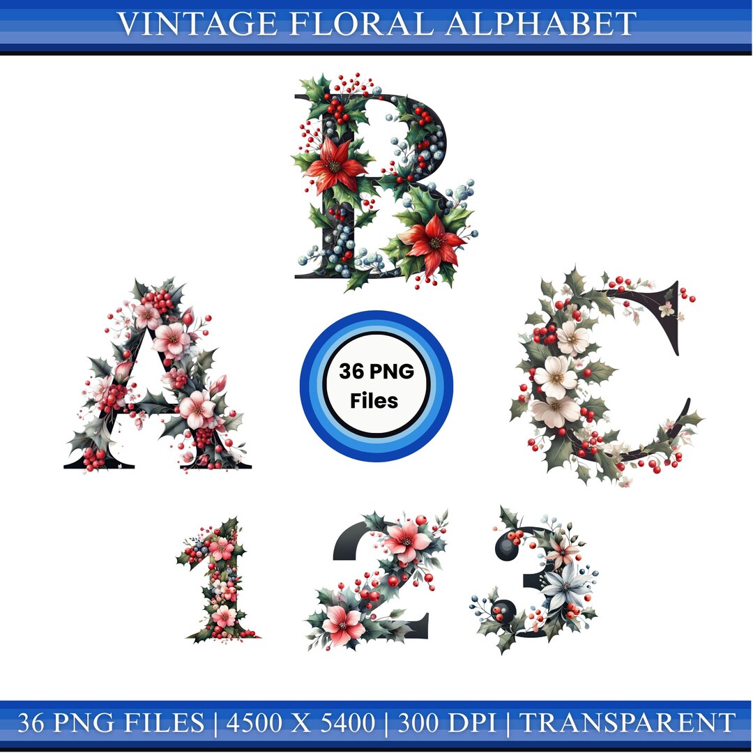 Vintage Floral Alphabet PNG A–Z & 0–9 | Botanical Wedding Monogram ...