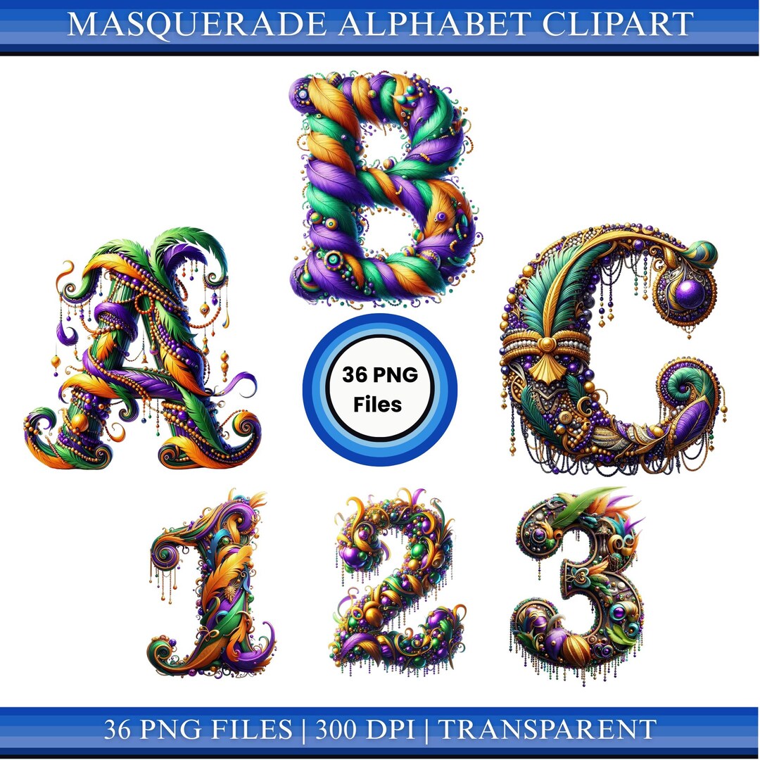 Masquerade Alphabet PNG A–Z & 0–9 | Mask Party Letters | Mardi Gras ...