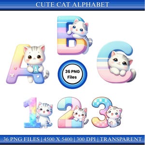 May include: A collection of colorful, whimsical illustrations featuring the alphabet letters A, B, and C, and the numbers 1, 2, and 3. Each letter and number is decorated with a cute cartoon cat. The image also includes a circle with the text "36 PNG Files".