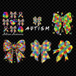 May include: A set of colorful puzzle piece bows with the text "AUTISM" and "Autism Awareness".