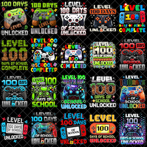 Puede incluir: Una colección de diseños gráficos coloridos con mandos de videojuegos y el texto "Level 100 Days of School Unlocked" y "Level 100 Days of School Complete". Los diseños son de varios colores y estilos.
