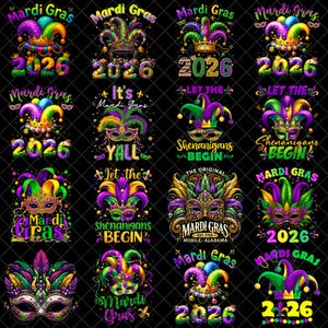 May include: A collection of Mardi Gras-themed designs featuring jester hats, masks, and the year 2026. The designs incorporate the traditional colors of purple, green, and gold, with various text elements like "Mardi Gras" and "Shenanigans Begin."