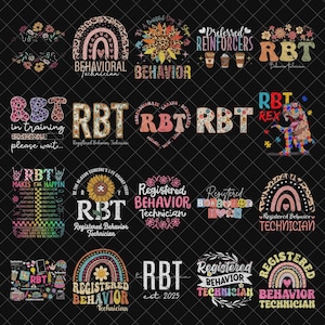 May include: A selection of colourful graphic designs featuring the text "RBT" and "Registered Behaviour Technician." Designs include rainbows, flowers, coffee cups, and a dinosaur. The designs are on a black background.