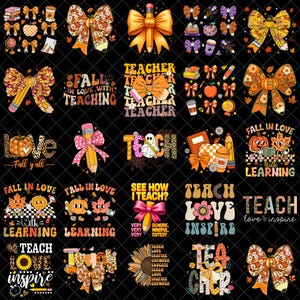 Op de afbeelding: Een verzameling herfstthema-ontwerpen met strikken, pompoenen, potloden en de woorden "Teacher", "Teach" en "Fall". De ontwerpen gebruiken oranje, bruin en roze kleuren, met wat tekst in retrostijl. Het algemene thema is lesgeven en de herfst.
