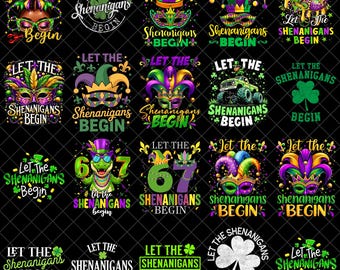 Let The Shenanigans Begin Bundle PNG, Mardi Gras Mask Clover Jester Designs, Funny Carnival Quotes, Sublimation DTF Download
