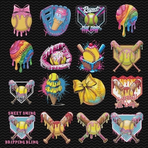 May include: A collection of colorful softball-themed graphics. Designs include softballs with bows, ice cream cones, and baseball gloves. Some designs feature text like "Respect The Drip" and "Softball All Day". The color palette includes yellow, pink, blue, and rainbow hues.