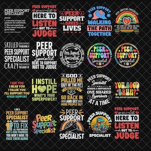 Puede incluir: Una colección de diseños gráficos con texto relacionado con el apoyo entre pares. Los diseños presentan frases como "Peer Support Specialist", "Here to Listen, Not to Judge" y "Walking the Path Together". La paleta de colores incluye rojo, azul, verde y amarillo.