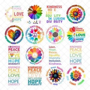 Puede incluir: Una colección de diseños gráficos coloridos con flores, corazones y manos. Cada diseño incluye palabras como "Kindness", "Peace", "Equality", "Love", "Inclusion", "Hope" y "Diversity". Los diseños son circulares y vibrantes.