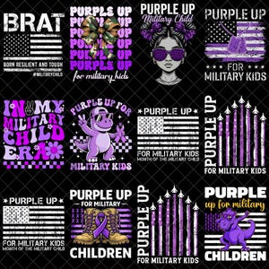 以下が含まれることがあります： 「Purple Up for Military Kids」をテーマにしたグラフィックデザインのコレクション。デザインには、アメリカ国旗、恐竜、サングラスをかけた女の子、「Brat」や「Born Resilient and Tough」などのテキストが含まれています。