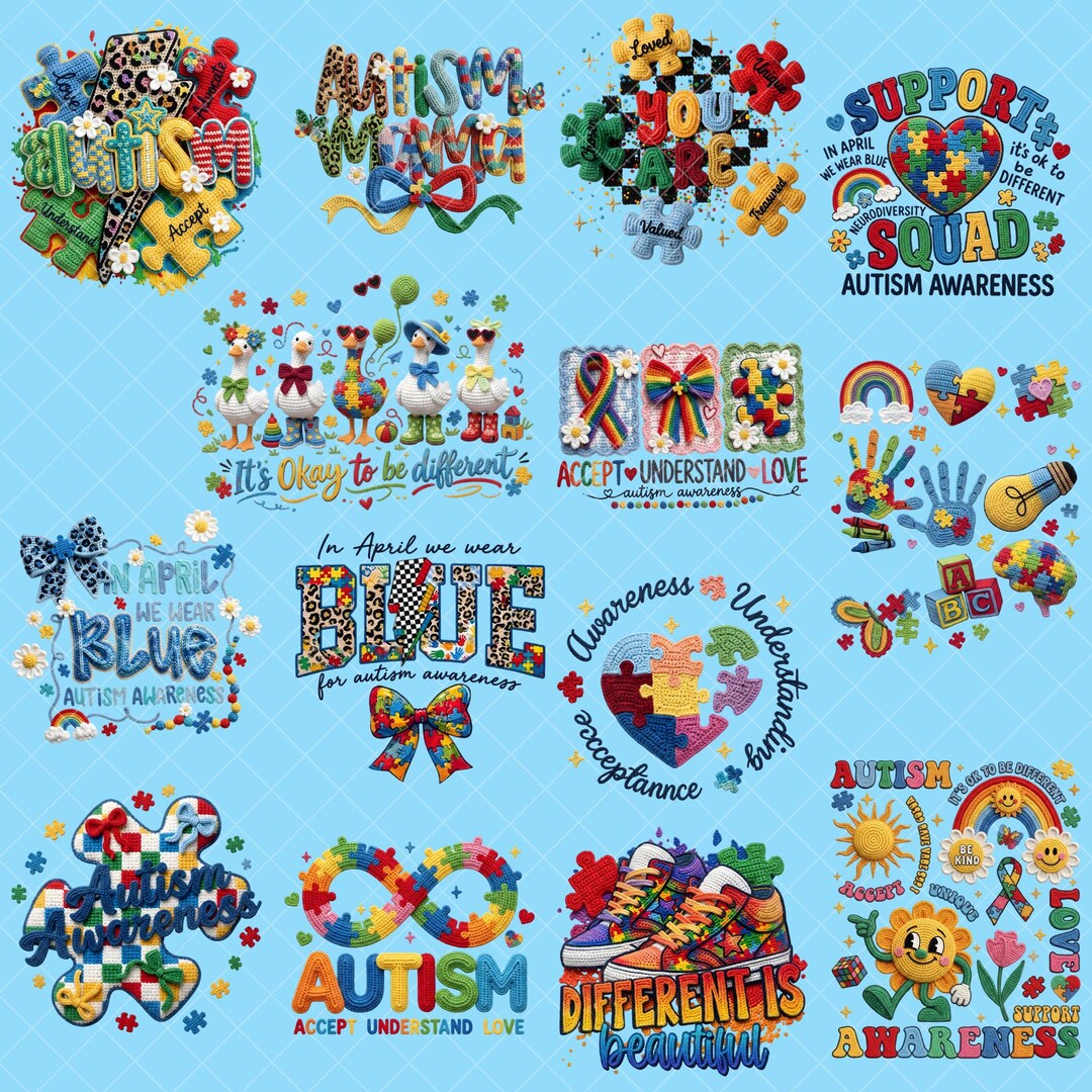 Autism Awareness PNG Bundle, Puzzle Ribbon Rainbow Designs, Accept ...