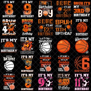 以下が含まれることがあります： 黒い背景にバスケットボールをテーマにした誕生日のデザインのコレクション。各デザインには、バスケットボール、フープ、2〜13の数字の誕生日メッセージが表示されます。「It's My Birthday」と「Swishes」というテキストが含まれています。