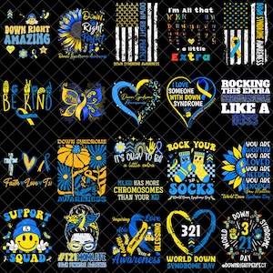 Peut inclure: Une collection de graphismes sur le thème de la sensibilisation à la trisomie 21. Les motifs comprennent des textes tels que "Down Right Amazing", "Be Kind" et "Rock Your Socks". La palette de couleurs est principalement bleue et jaune, avec des cœurs, des rubans et des tournesols.