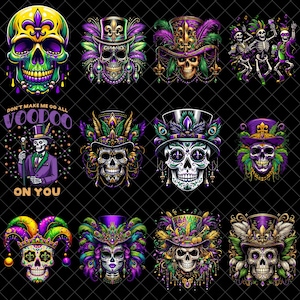 May include: A collection of vibrant, digitally illustrated skulls in a Mardi Gras theme. Each skull is adorned with elaborate hats, feathers, and jewelry in shades of purple, green, and gold. Some designs include text, and dancing skeletons.