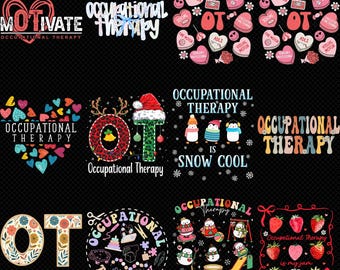 May include: A collection of graphic designs featuring the words "Occupational Therapy" in various styles. Designs include hearts, snowmen, and floral elements. Some designs incorporate the text "Motivate" and "Snow Cool".
