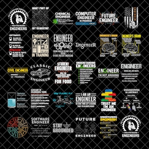 Op de afbeelding: Een verzameling van 16 T-shirtontwerpen met humoristische en motiverende citaten over ingenieurs. De ontwerpen omvatten een verscheidenheid aan kleuren, lettertypen en afbeeldingen, zoals een klassieke auto, een brein en een blauwdruk. De tekst bevat zinnen als "Ingenieur in opleiding", "Ingenieurs begrijpen" en "Vertrouw me, ik ben een ingenieur".