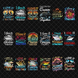 以下が含まれることがあります： 「I Love It When We're Cruisin' Together」のテキストが入った、クルーズをテーマにしたカラフルなデザインのコレクション。各デザインには、クルーズ船、サングラス、または熱帯の要素が含まれています。アパレルやアクセサリーに適しています。