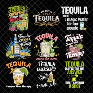 Puede incluir: Una colección de gráficos con temática de tequila sobre un fondo negro. Los diseños incluyen botellas, cócteles y texto como "Tequila Cheaper Than Therapy" y "Tequila Emergency Call". La paleta de colores incluye verde, amarillo y rosa.