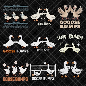 May include: A collection of cartoon goose illustrations on a black background. The geese are white with orange beaks and feet. Some images include the text "Goose Bumps" in various fonts. Some geese are wearing bows or playing volleyball.