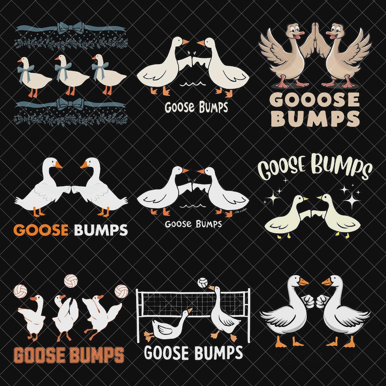 May include: A collection of cartoon goose illustrations on a black background. The geese are white with orange beaks and feet. Some images include the text "Goose Bumps" in various fonts. Some geese are wearing bows or playing volleyball.