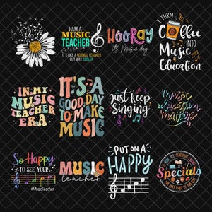 以下が含まれることがあります： 音楽をテーマにした引用句とイラストが特徴の、カラフルなグラフィックデザインのコレクションです。「音楽の先生」、「歌い続けよう」、「コーヒーを音楽教育に変える」などのフレーズが含まれています。デザインには音符、花、コーヒーカップが使用されています。