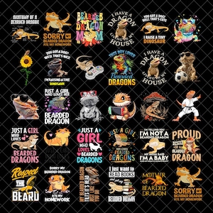 May include: A collection of colorful graphic designs featuring bearded dragons. The designs include text such as "Bearded Dragon Mom," "I'm Raising a Tiny Dinosaur," and "Just a Girl Who Loves Bearded Dragons." The images are on a black background.