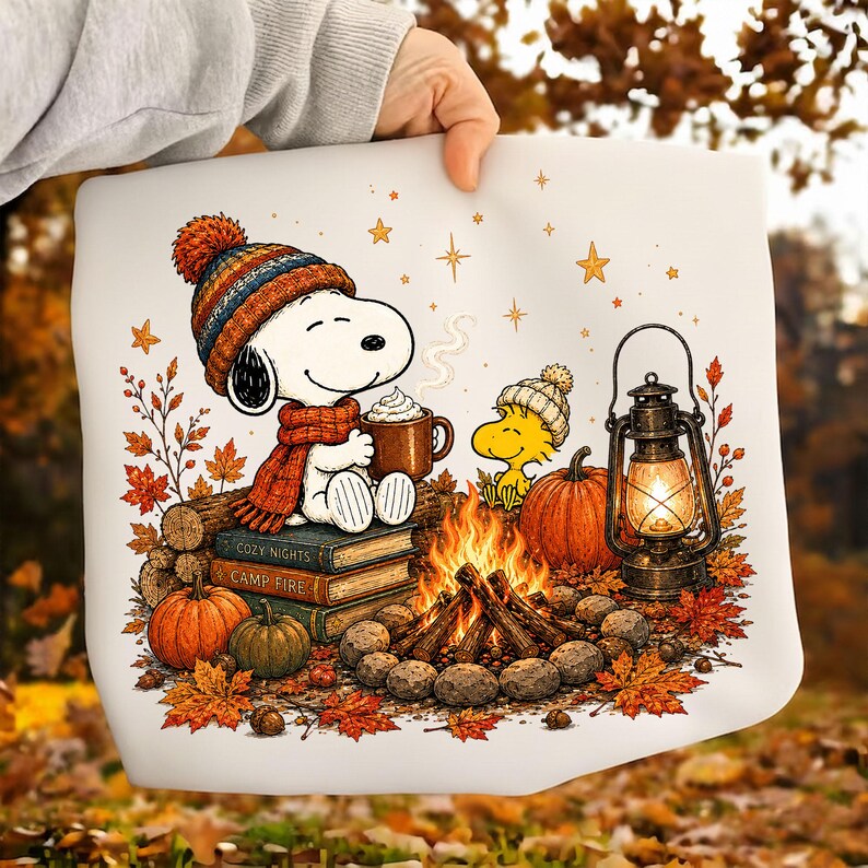 May include: A white fabric square featuring a cartoon illustration of Snoopy wearing a knit hat and scarf, holding a mug, sitting on books labeled "Cozy Nights" and "Camp Fire" next to a campfire, a pumpkin, and a lit lantern.