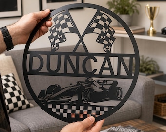Custom Race Car Checkered Flag Metal Sign, Man Cave Decor, Indoor Wall Art, Racing Fan Gift, Birthday Present, Motorsport Metal Sign