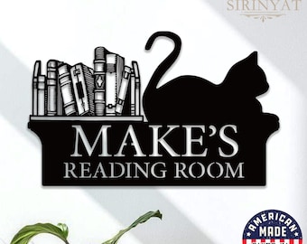 Custom Reading Room Metal Sign, Bookshelf Wall Decor, Custom Name Bookish Art, Gift for Book Lovers, Cat Wall Sign ,Literary Home Decor