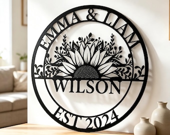 Custom Couple Name Metal Wall Sign, Personalized Sunflower Wall Art, EST Date Plaque, Wedding & Anniversary Gift, Gift for Newlyweds