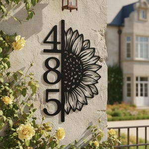 May include: A vertical black metal house number sign featuring the digits 485 on the left side and a stylized half sunflower design on the right side, mounted securely to a textured light-colored stone wall surface with visible hardware.
