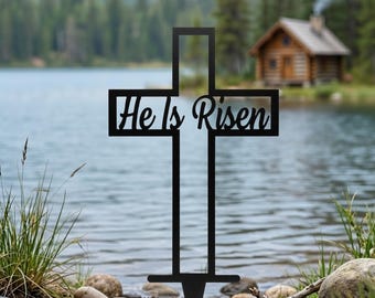 He Is Risen Cross Stake, Easter Christian Outdoor Decor, Religious Garden Metal Art, Memorial Cross Yard Sign, Easter Faith Gift
