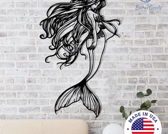 Exquisite Metal Mermaid Wall Decor, Nautical Ocean Decor, Marine Themed Sculpture For Living Room, Bathroom or Beach House, Unique Gift Idea