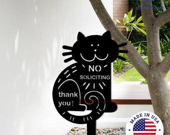 No Soliciting Metal Yard Sign with Playful Cat,Whimsical Do Not Disturb Sign for Porch,Garden or Business Entrance,Feline No Soliciting Sign