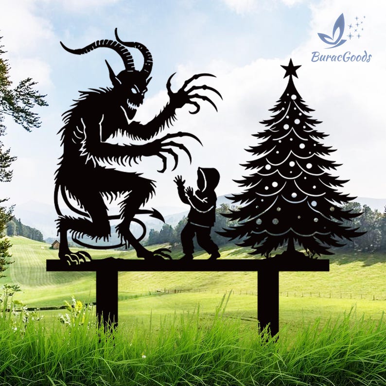 May include: Black metal yard art featuring a Krampus figure with a child and a Christmas tree. The Krampus has horns, claws, and a long tail. The tree has a star on top and decorative cutouts. The art is mounted on a horizontal bar.