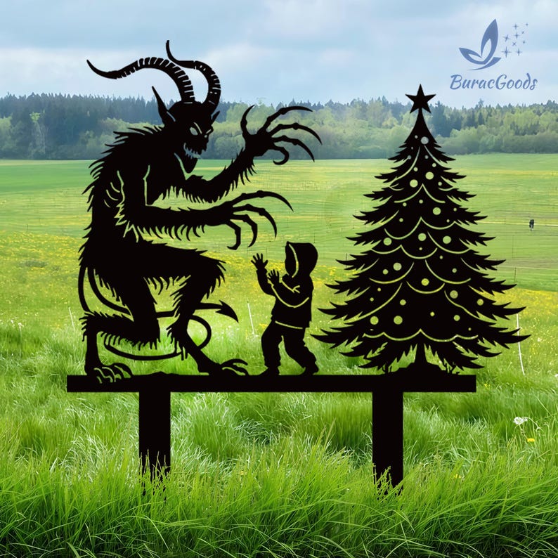 May include: Black metal yard art featuring a Krampus figure with a child and a Christmas tree. The Krampus has horns and long claws, reaching towards the child. The tree is decorated with star and dot ornaments.