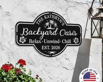 Custom Backyard Oasis Metal Sign,Resort-Style Personalized Wall Art for Poolside or Patio,Personalized Outdoor Wall Decor,Pool House Signage