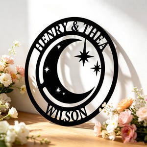 Personalized Couple Name Moon and Stars Metal Sign, Custom Celestial Wall Decor for Couples, Anniversary Gift, Gift for Newlyweds