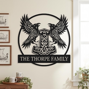 Personalized Norse Raven Metal Wall Art, Custom Family Name Viking Sign, Meaningful Housewarming Gift for Norse Enthusiasts