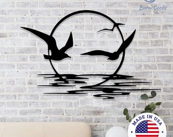 Coastal Sunrise Metal Art,Sun and Seagulls Line Art Decor,Minimalist Wall Hanging,Beach House Decor,Modern Sun&Birds Wall Art,Ocean Decor