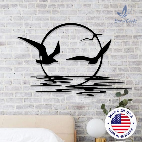 Coastal Sunrise Metal Art,Sun and Seagulls Line Art Decor,Minimalist Wall Hanging,Beach House Decor,Modern Sun&Birds Wall Art,Ocean Decor