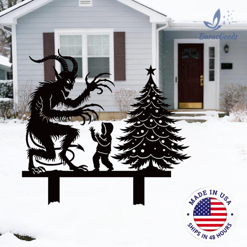 May include: Black metal yard art featuring a Krampus figure, a child, and a Christmas tree. The Krampus has horns and claws, reaching towards the child. The tree is decorated with star and dot ornaments. The base has two stakes for ground placement.
