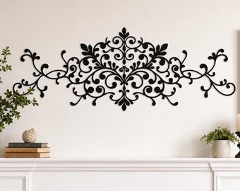 Arte en metal con volutas ornamentadas, letrero de pared con silueta de volutas barrocas vintage, decoración de pared botánica victoriana, decoración para el hogar estilo casa de campo