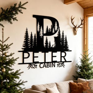 Personalized Cabin Monogram Metal Wall Sign, Custom Forest Initial and Cabin Name Art, Rustic Pine Tree Themed Decor for Cabin