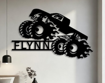 Letrero metálico personalizado de Monster Truck volador, silueta de camión todoterreno personalizada, decoración para habitación infantil y garaje, regalo para aficionados a los camiones.