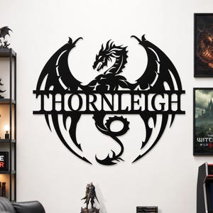 Personalized Dragon Silhouette Wall Sign, Custom Name Dragon Metal Wall Art, Fantasy Medieval Dragon Wall Decor, Game Room Wall Accent