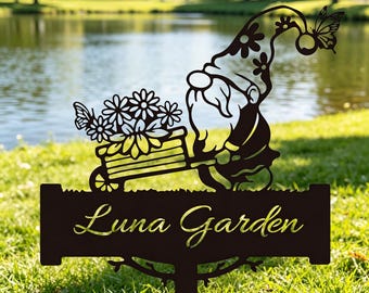 Personalized Gnome Garden Metal Sign, Custom Name Metal Garden Stake, Floral Gnome with Butterflies, Outdoor Decor Gift for Gardener