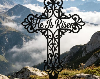 He Is Risen Filigree Cross Stake, Easter Christian Outdoor Decor, Religious Garden Metal Art, Memorial Cross Yard Sign, Easter Faith Gift
